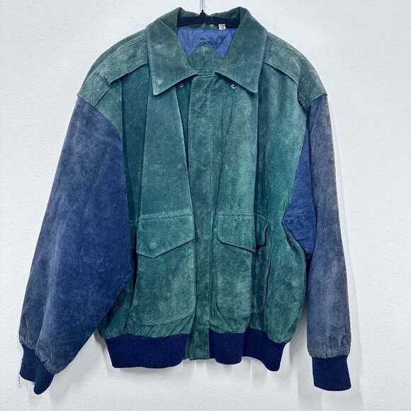 Copper Key Other - Green & Blue Suede Leather Bomber Jacket 80s Vintage Copper Key Size Medium